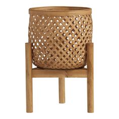 a wooden chair with a woven basket on it