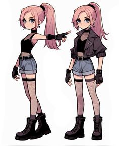 an anime character with pink hair and black boots pointing at something in her hand, while wearing