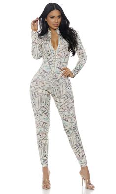 PRICES MAY VARY. Cat suit Sexy Cat Suit, Money Print, Women Money, Rich Women, Lingerie Shop, Printed Jumpsuit, Club Outfits, Catsuit, Costumes For Women