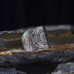 Elegant Religion Ring Surah Design 925K Silver Ring  This Ring is shipping with in a high quality LED RING BOX and with a gift. This incredible silver men ring is engraved from 100% handmade. This shiny Arabic Religion ring, has a modern and vintage vibe for daily using. You can use it for daily or special days.The engraving details of pure 925 Sterling Silver Handmade Ring are very detailed and eye-catching. You can prefer this vintage style silver ring like gift for your friends or family. It's a perfect gift for birthday, valentine's day, International Women's Day, anniversary, statement(cocktail) or christmas. Our model is silver and handcrafted. !! On the upper part; -Insirah  -Ayatul Kursi prayers,  -And a personal name will embroider on the sides. Item Details: * Gender : Man/Woman Luxury Silver Engraved Ring For Men, Ceremonial Sterling Silver Open Ring, Etched Sterling Silver Rings For Ceremonial Occasions, Ceremonial Silver Hallmarked Rings, Sterling Silver Ceremonial Rings Stamped 925, Sterling Silver Stamped 925 Rings For Ceremonial Occasions, Engraved Sterling Silver Skull Ring With Open Design, Ceremonial Sterling Silver Engraved Ring With Intricate Design, Engraved Sterling Silver Open Skull Ring