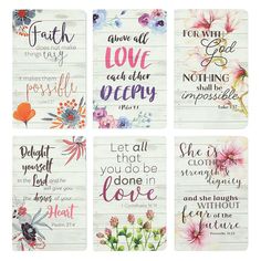 six cards with flowers and bible verses on them