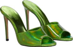 Modern Green Sandals For Party, Glamorous Green Pointed Toe Sandals, Luxury Green Evening Sandals, Luxury Green High Heel Sandals, Green Open Heel Mules For Party, Green Pointed Toe Mules For Party, Luxury Green Open Heel Heels, Luxury Green Open Toe Sandals, Luxury Green Open Heel Sandals