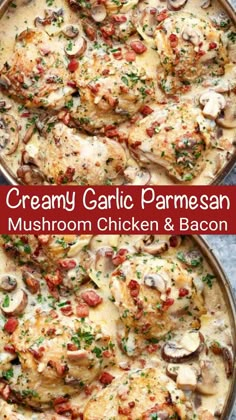 creamy garlic parmesan mushroom chicken and bacon casserole is an easy dinner recipe