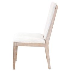 a wooden chair with a white upholstered seat and back rest on a white background