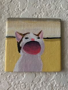 a painting of a dog on a yellow and white background, with the image of a dog sticking its tongue out