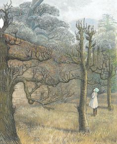 a drawing of a woman standing in the woods