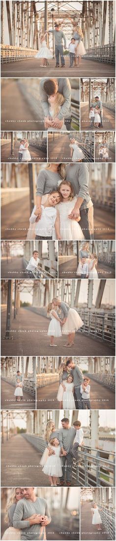 multiple images of two people hugging each other in front of a wooden bridge and water