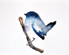 a watercolor painting of a blue bird perched on a branch