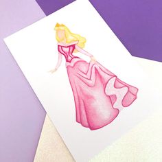 a drawing of a woman in a pink dress on top of a purple and white background