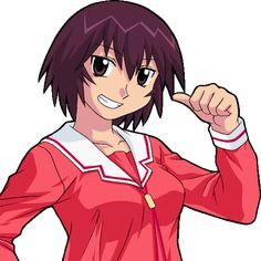 an anime character pointing to the side with her hand on her hip and wearing a red shirt