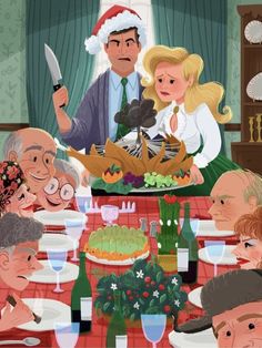 a family sitting at a table with a turkey on it and the man holding a knife in his hand