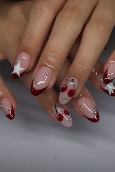 Swirly Red Nails, Thanksgiving Almond Nails Designs, Easy Biab Nails, Red With Design Nails, Russian Manicure Design Fall, Nail Ideas Builder Gel, Valentines Day Nails Unique, January Nail Inspo Square, Blood Red Almond Nails