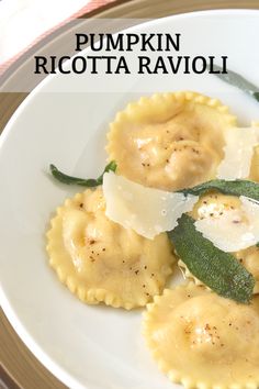 pumpkin ricotta ravioli on a white plate with sage