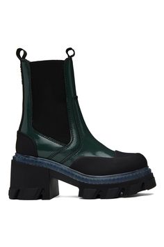 GANNI: Green Cleated Boots | SSENSE Green Leather Boots, Tan Blanket, Black Heel, Leather Chelsea Boots, Mid Calf Boots, Green Leather, Boot Shoes Women, Black Heels, Mid Calf