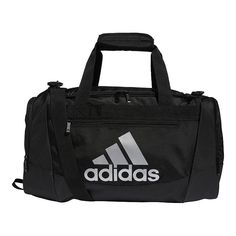 the adidas duffel bag is black and grey with white logo on it,