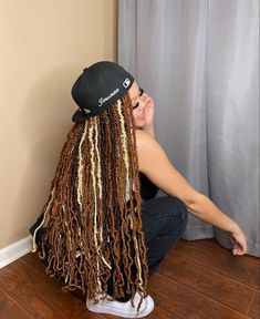 Faux Locks With Color, Black Faux Locs With Blonde Highlights, Faux Locs Styles With Color, Soft Locs With Accessories, Soft Locs With Color Blonde And Black, Long Locs With Color, Faux Locs Mixed Colors, Ginger And Blonde Soft Locs, Locs Color Ideas Black Women Weave