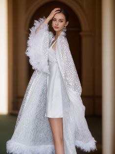 Full Goose Feather sequin mesh long robe dress white ivory Feather Robe Bride, Feather Bridal Robe, Wedding Satin Robe With Feathers, Sheer Feather Robe, White Long-sleeved Robe For Brides, Goose Feathers, Turkey Feathers, Custom Dresses, Color Show