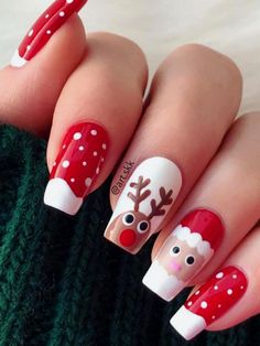 Santa Nail Art, Nail 2022, Santa Nails, Xmas Nail Art, Kutek Disney, Nail Acrylic, Colorful Nail