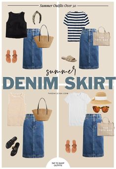 Denim Skirt Outfit Ideas for Women Over 50, Summer Outfits for Women Over 50 Summer Work Skirt Outfits, Denim Skirt Outfit, Jean Skirt Outfits Summer, Summer Denim Skirt, 50s Outfits, Jean Skirt Outfits, Casual Outfits For Moms, Denim Skirt Outfits