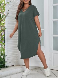 Green Casual Collar Short Sleeve Fabric Plain Tee Embellished Slight Stretch  Women Plus Clothing White Tshirt Dress, Casual T Shirt Dress, Vestido Plus Size, Plus Size Kleidung, Dress For Short Women, Lookbook Outfits, Tee Dress, Kids Beachwear, Plus Size Dress