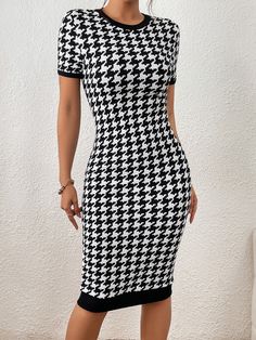 Houndstooth Print Contrast Binding Bodycon Dress Black and White Casual  Short Sleeve Knitted Fabric Houndstooth Bodycon Slight Stretch Spring/Fall Women Clothing, size features are:Bust: ,Length: ,Sleeve Length: Wrap Dress Work, Neck Details, White Fashion Casual, Clean Body, Body Con Dress, Women Midi, Vestido Casual, Neck Wrap, Womens Midi Dresses