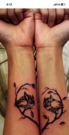 two wrist tattoos with birds on them