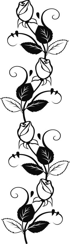 a black and white drawing of flowers with swirls on the stems, leaves and petals