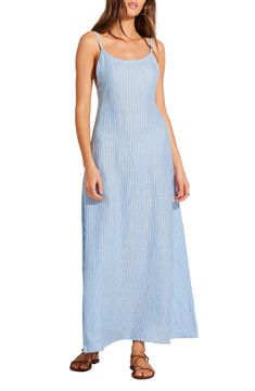 This striped linen cover-up maxi dress is an airy, flowy choice for beach days and beyond—the adjustable tie straps can be worn three ways for versatility. 50" center front length (size Medium) Slips on over head Scoop neck Adjustable straps Unlined 100% linen Hand wash, dry flat Imported As a member of 1% for the Planet, Vitamin A has committed to donating 1% of its annual sales to nonprofit partners in support of environmental solutions Annual Sale, Maxi Sundress, Summer Stripes, Vitamin A, Beach Days, Striped Linen, In Summer, Sundress, Adjustable Straps