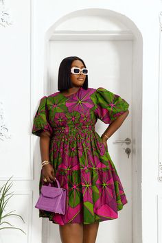 Long Sleeve Ankara Dress, Wears For Ladies, Office Wears, Fancy Short Dresses, Kente Dress, African Print Dress Ankara, Puff Sleeve Midi Dress