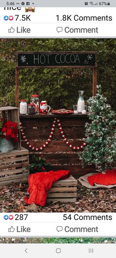 an iphone photo with the words hot cocoa on it and christmas decorations in wooden crates