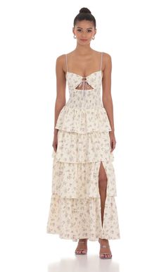 Floral Cutout Ruffle Maxi Dress in Cream Senior Photo Outfits, Ruffle Maxi Dress, Grad Dresses, Date Night Dresses, Ruffled Maxi Dress, Shop Maxi Dresses, Summer Maxi Dress, Dance Dresses, Fall Dresses