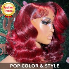 Short Dark Red Hair, Lace Side Part, Red Hair Wig, Green Hair Dye, Frontal Wig Hairstyles, Dark Red Hair, Short Curls, Pretty Hair Color, Christmas Hairstyles