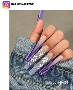 50+ Daisy Nail Ideas and Designs for 2023 - Nerd About Town Spring Nails Acrylic Coffin Long, Nagel Inspiration, Purple French, Purple Acrylic Nails, Spring Acrylic Nails, French Nail Art, Vibrant Nails, French Nail