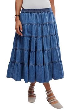 Flowy chambray lends a relaxed look to a tiered maxi skirt fitted with a comfy smocked waistband and handy pockets. 29" center front length (size Medium) Smocked waist Side-seam pockets Unlined 100% cotton Dry clean or machine wash, tumble dry Imported Chambray Skirt, Tiered Midi Skirt, Chambray Fabric, Tiered Maxi Skirt, Knitwear Dress, Skirt Fits, Short Sleeved Sweaters, Women Skirts Midi, Dressed Down