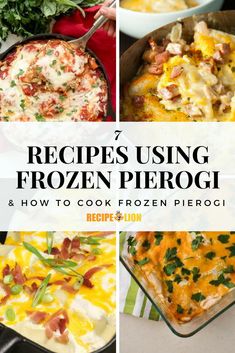 four pictures with the words, recipes using frozen pieogi and how to cook frozen pieogi