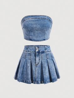 Denim Skirt Set, Denim Tube Top, Pleated Denim Skirt, Womens Denim Dress, Summer Fashion Dresses, Mode Inspo, Cute Everyday Outfits, Jeans Rock, Really Cute Outfits