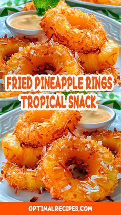 Fried Pina Colada Rings, Easy Birthday Party Treats, Hawaiian Potluck Ideas, Fried Pineapple Rings With Creamy Coconut Dipping Sauce, Whole Food Snack Recipes, Hawaiian Sides Recipes, Snacks For Drinking Parties, Bbq Snack Ideas, Fried Pineapple Rings