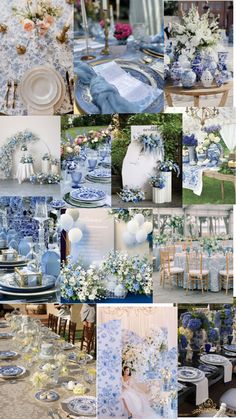 blue and white wedding theme collage with flowers, candles, plates, napkins