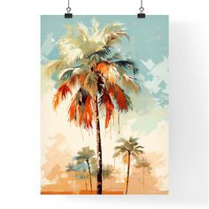 a painting of a palm tree in front of a blue sky with orange and yellow colors