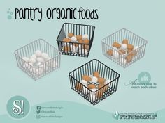 three small metal baskets filled with food on top of a blue background and the words party organic foods