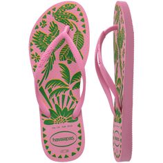 Discover the tropical charm of the Havaianas Pink Lemonade Slim Tucano flip flops for women, where the star attraction is the detailed sole with vibrant drawings of tropical scenes, including flowers, palm trees, and birds. Step into summer style with the Havaianas Slim Tucano flip flops, the perfect blend of fashion and comfort for women seeking a touch of paradise in their footwear. • Open toe flip flops • Slip-on design • Slim Havaianas straps • Havaianas rubber logo • Cushioned footbed with Flip Flops For Women, Swimwear Store, Beach Beauty, Pink Lemonade, One Piece Swim, Accessories Branding, Scarf Hairstyles, Shoe Sale, Summer Style