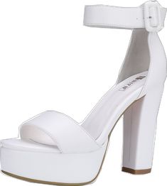 High Heel Wedding Shoes With Heel Loop For Summer, Summer Wedding Shoes With Heel Loop And High Heel, White High Heel Block Heels For Prom, White Block Heels For Party, Party Block Heels With Ankle Strap, White Block Heels With Heel Strap For Party, White Ankle Strap Heels For Night Out, Fitted Ankle Strap Block Heels For Party, White Synthetic Block Heels For Party