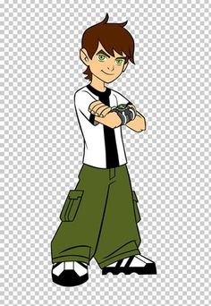 a cartoon character with green eyes and brown hair, holding his arms crossed in front of him