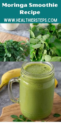 a green smoothie in a mason jar on a cutting board with leaves and bananas