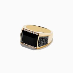 Effy Men's 14K Yellow Gold Black and White Diamond and Onyx Ring Black 14k Gold Signet Ring, Black 14k Gold Signet Ring Fine Jewelry, Black 14k Gold Signet Ring With Gemstone, Black 14k Gold Signet Ring With Polished Finish, Modern Black 14k Gold Signet Ring, Luxury Black 14k Gold Rings, 14k Gold Black Signet Ring With Polished Finish, Black Luxury Signet Ring For Formal Events, Luxury Black Signet Ring For Formal Occasions