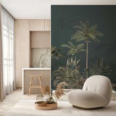 a living room with palm trees on the wall and a chair in front of it