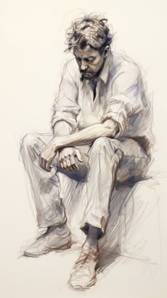 a drawing of a man sitting down with his hands on his knees and feet crossed