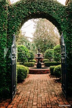 an archway in the middle of a brick walkway with a fountain surrounded by greenery