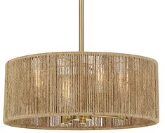 a chandelier that is made out of wicker and has a gold finish