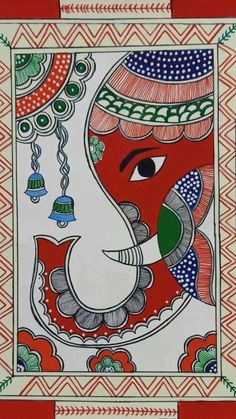 an elephant painted on the side of a red and white wall with bells hanging from it's trunk